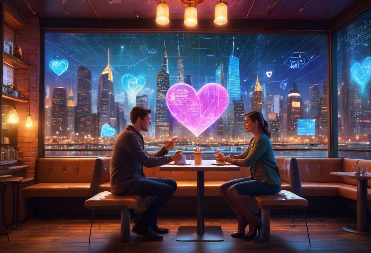 A couple sitting together at a cozy cafe, holding hands, surrounded by a futuristic cityscape with swirling technological elements like holographic financial charts and glowing hearts. Soft, romantic lighting enhances their connection, while symbols of love and finance blend seamlessly in the background. Emphasize warmth and harmony in their expressions. super-realistic. vibrant colors. soft focus.
