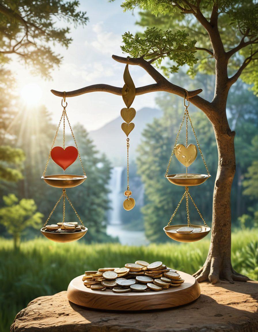 A serene scene depicting a balanced scale with icons of a heart on one side and money on the other, symbolizing care and financial solutions. In the background, a peaceful landscape with soft sunlight filtering through trees, representing harmony. Include subtle elements like coins and medical symbols gently blending into nature. super-realistic. vibrant colors. calming atmosphere.